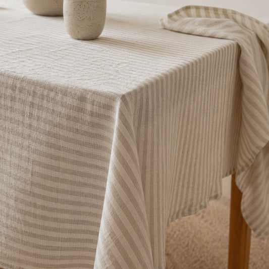 Washed Linen Tablecloth in Natural Stripe